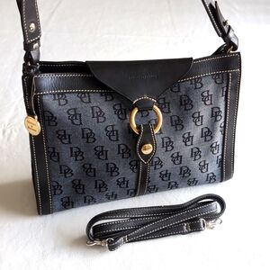Dooney & Bourke Grey Canvas & Black Leather All-over Logo Print Shoulder Bag